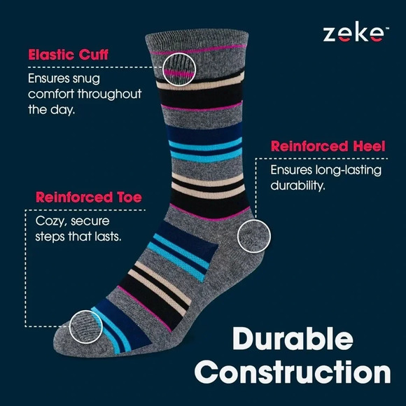 Zeke New 3-Pack Sweat Wicking Stylish Men's Crew Socks Color Mix Sz 6-12 - Picture 8 of 8